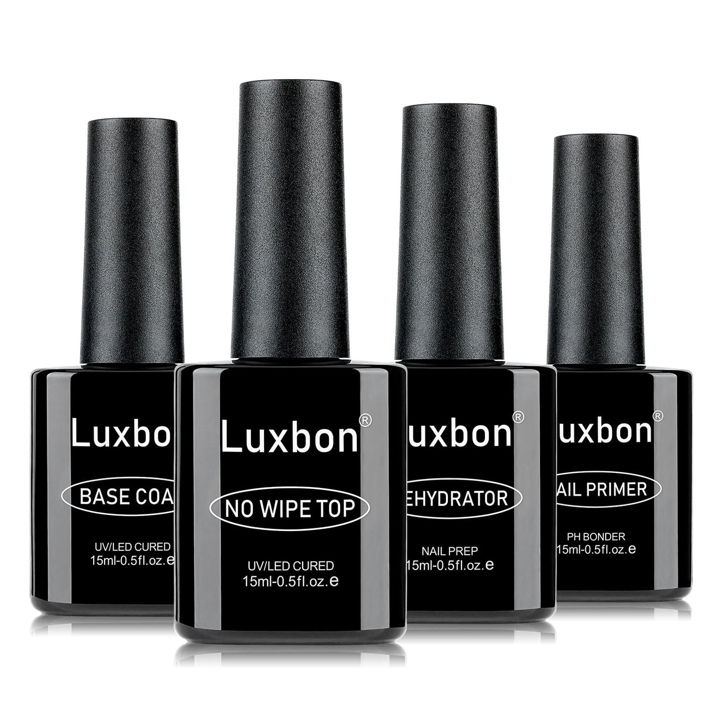 Luxbon 4 Pcs 15ml No Wipe Gel Top Coat and Base Coat Nail Primer Dehydrator Set - Long Lasting, Shine Finish, UV LED Nail Lamp Soak Off Gel Base Top Coat Manicure