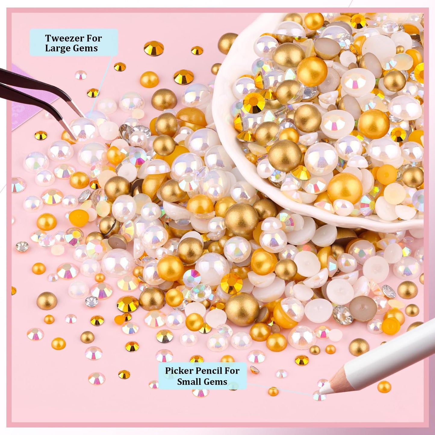 9000Pcs Flatback Pearls and Rhinestones for Bedazzling, White Brown Mixed Size 3-8mm Resin Rhinestones and Half Pearls for Crafting, Nail Art Grad Cap Decoration with Tweezers and Pickup Pencil
