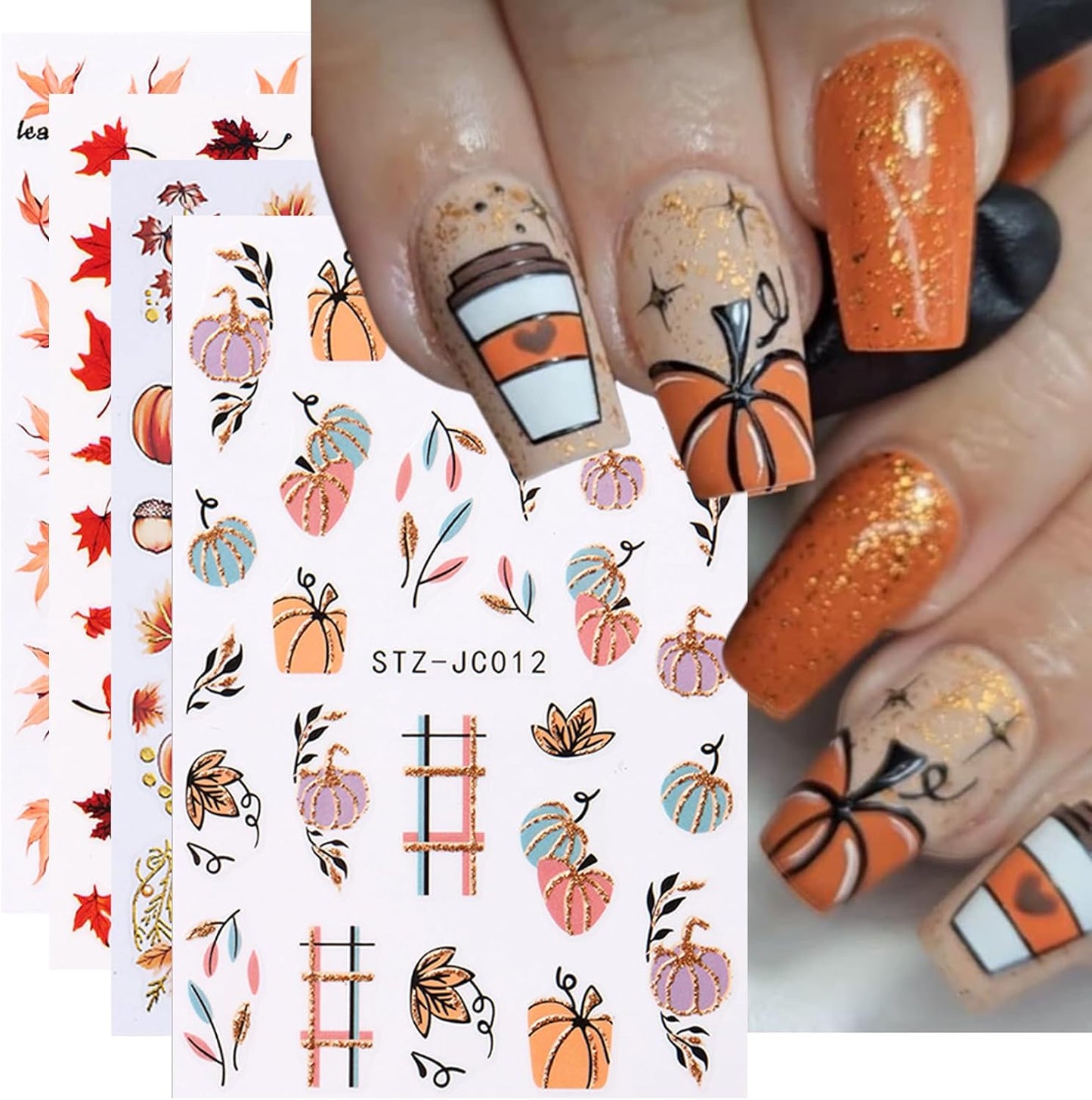 Maple Leave Nail Art Sticker Decals, Fall Pumpkin Maple Leaves Nail Stickers 6PCS Autumn Nail Decals for Nail Art Colorful Leaves Design Nail Supplies Elegant Self Adhesive Decals for Women Nail Decor