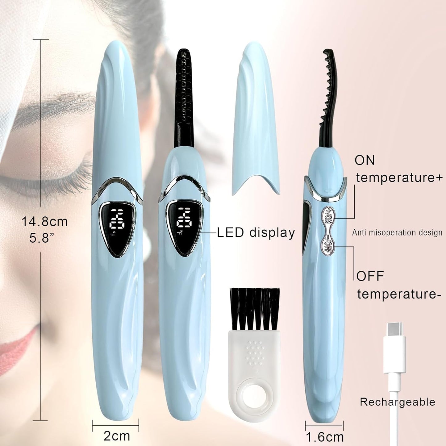 Electric Heated Eyelash Curler with LED Display, Rechargeable, Temperature Control 140°F-194°F, Natural Beauty Care for Woman (Blue+Silver)