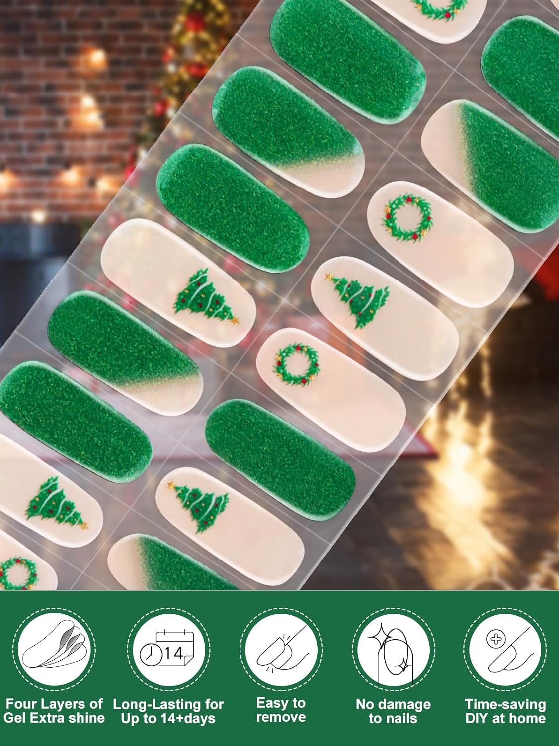 EBANKU 24PCS Christmas Semi-Cured Gel Nail Strips, Christmas Tree Christmas Wreath Adhesive Gel Nail Art Sticker, Waterproof Gel Nail Wrap Stickers with Nail File and Stick（UV/LED Lamp Required）