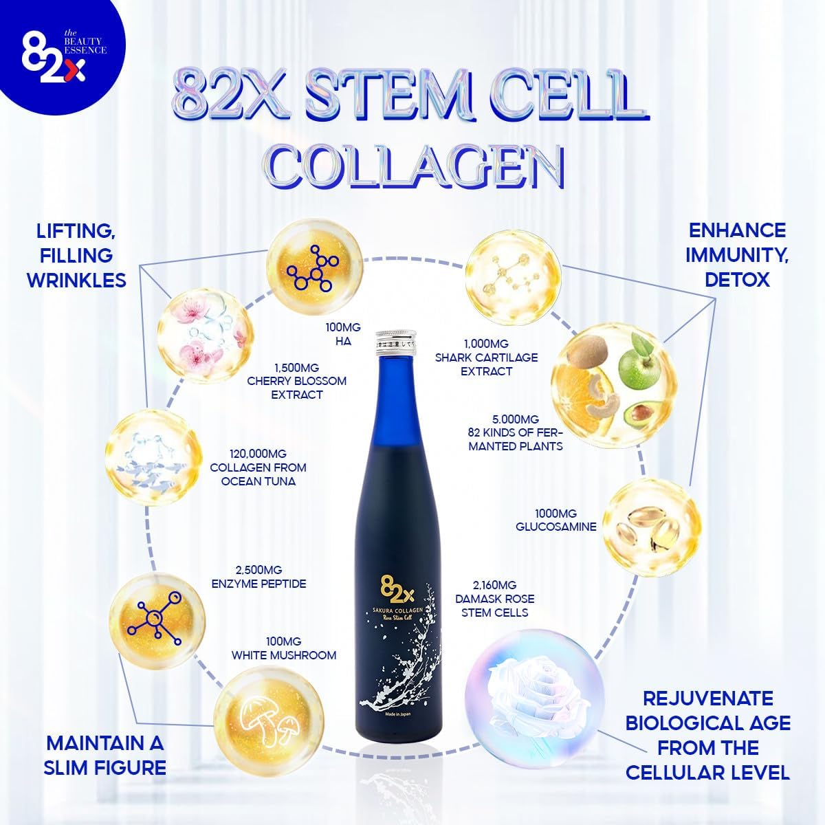 82X Stem Cell Collagen - Marine Collagen Peptides Liquid Drink for Skin Hair Nails from Japan with 82 Fermented Plants, Vitamins, Minerals & Supplements