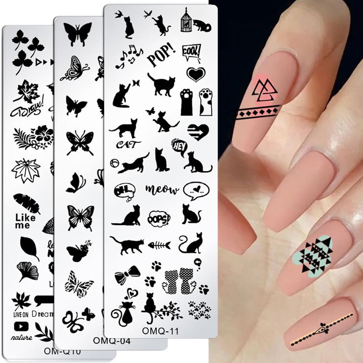 AddFavor Nail Stamper Kit 8pcs Stamping Plates Minimalist Geometric Lines Leaf Image Template for DIY Decorating Polish Gel Plate Print Stamper Manicure Stencils Tools (Mixed-Style D)