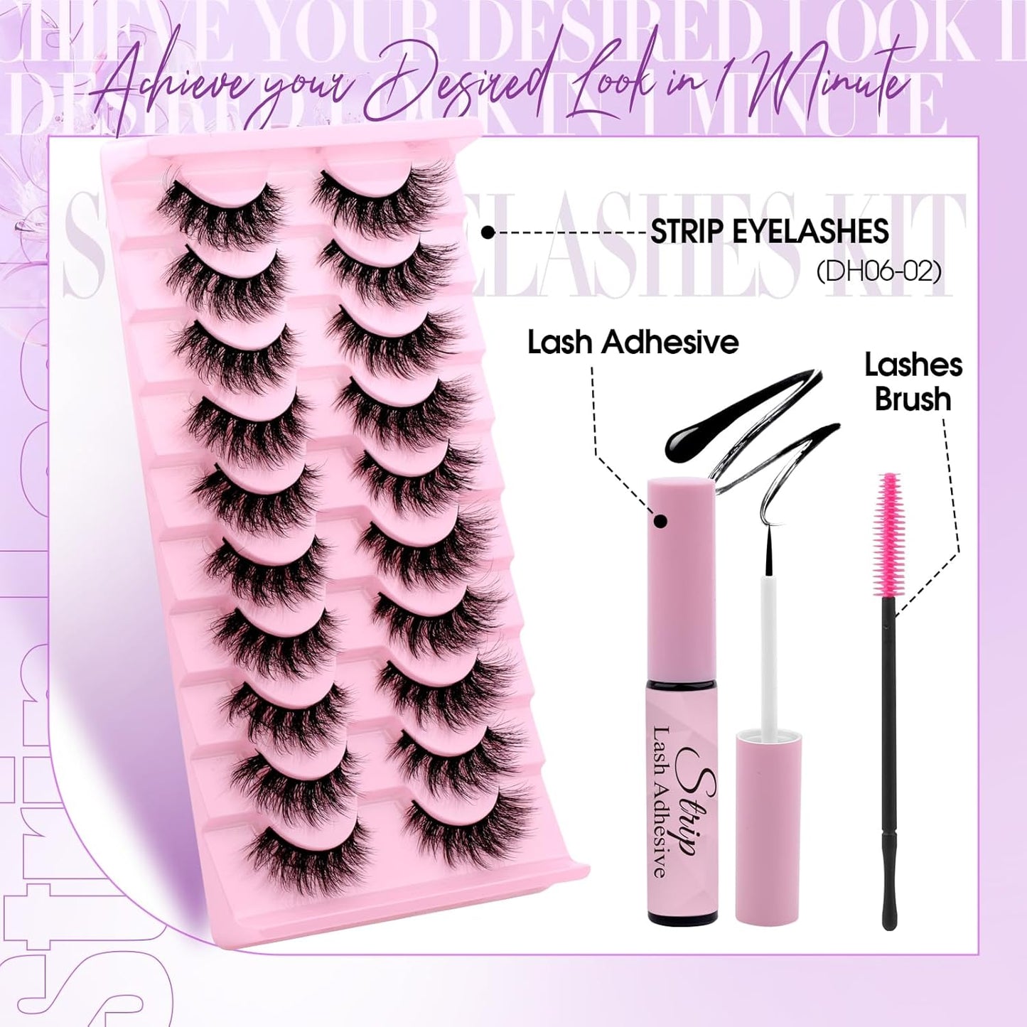 Strip Lash with Glue for DIY Lash-users: 10 Pairs, DIY, Natural Look, Fluffy, Manga, Wispy, Waterproof, Anime, Cat Eye, D Curl, XH42-08