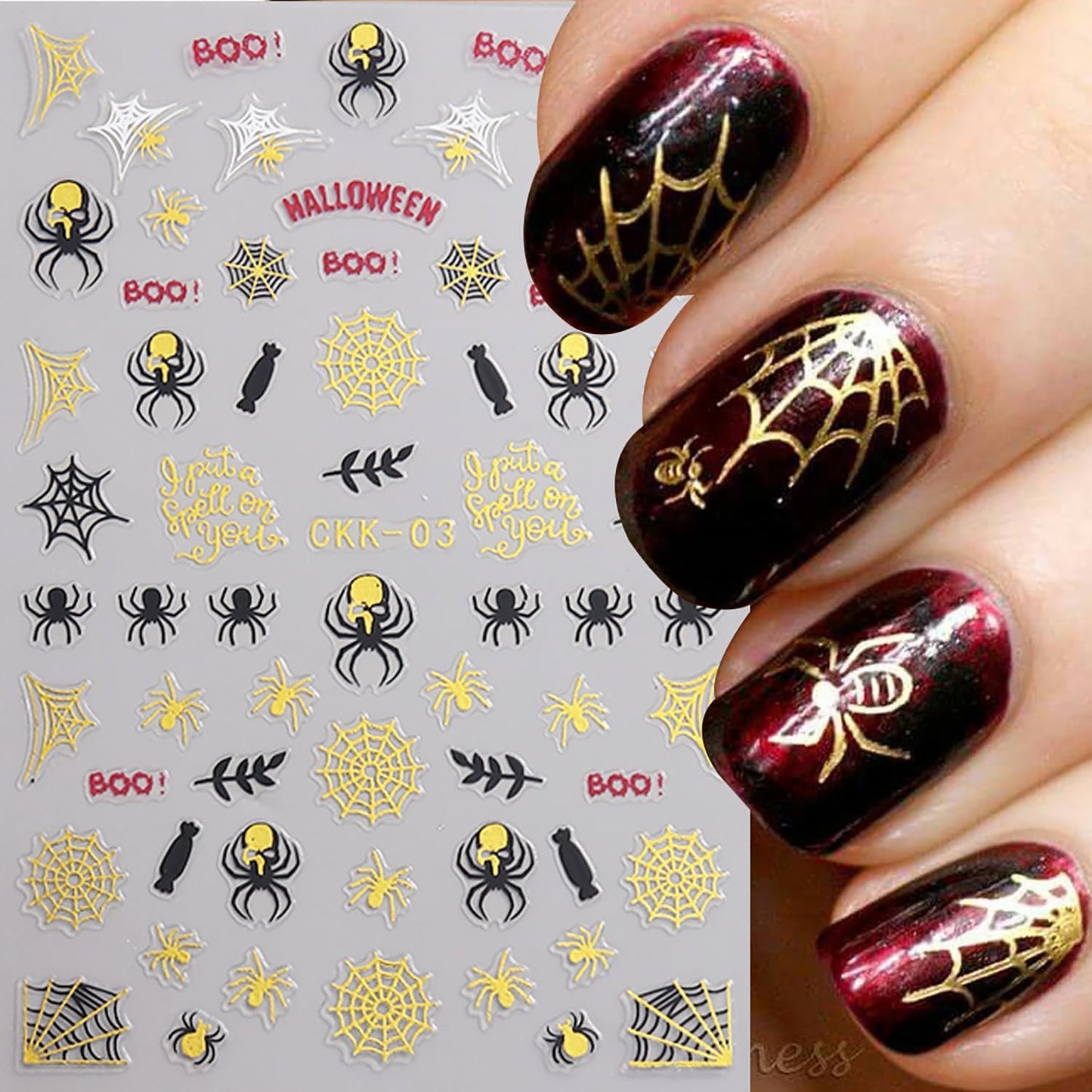 Metal Halloween Nail Art Stickers Gold Spider Web Black Bat Witch Cobweb Ghost Nail Design Supplies Charms Self-Adhesive Spooky Holiday Nail Decorations Nail Art for Women DIY Manicure Accessories