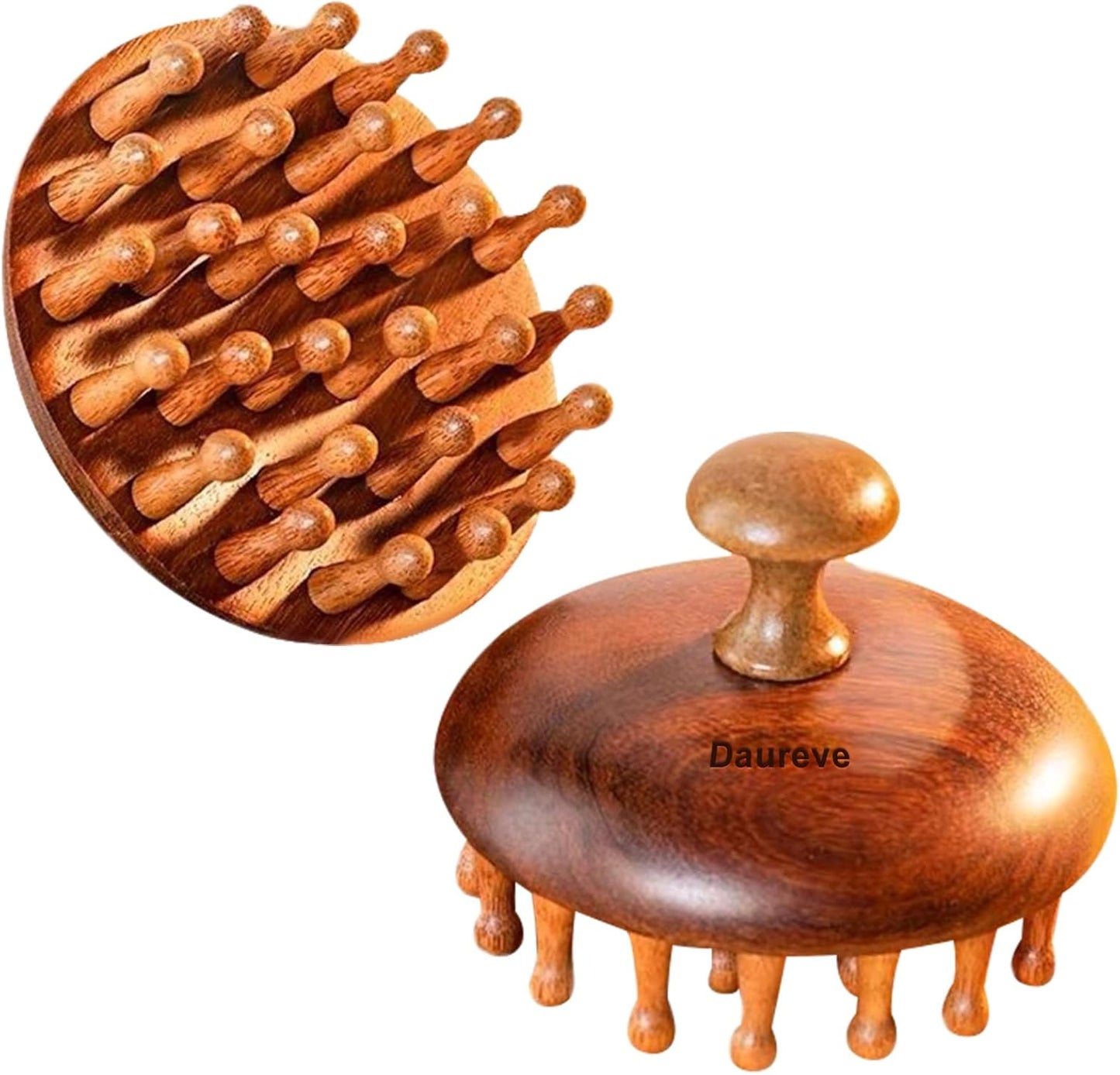 28 Teeth Sandalwood Head Massager - Round Wooden Scalp Brush for Hair Growth & Relaxation, Gua Sha Body Massage Tool
