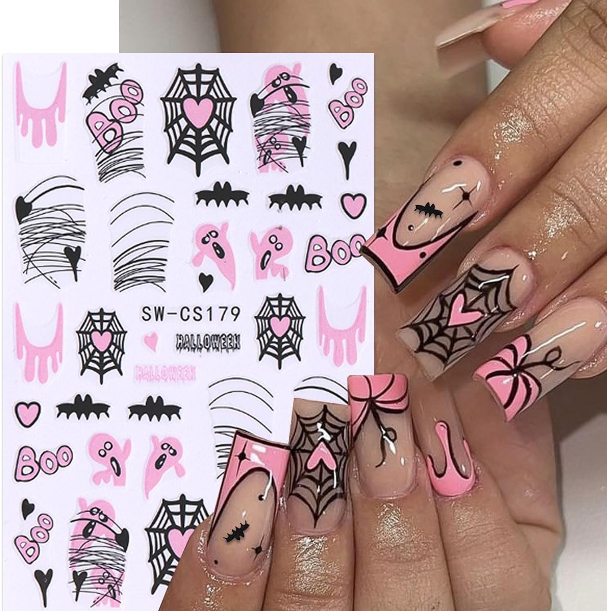 6 Sheets Halloween Nail Stickers Spider Web Nail Art Stickers Ghost Nail Decals Black Pink Red Bat Heart Boo Design Pumpkin Nail Sticker for Nail Art for Women DIY Holiday Salon Manicure