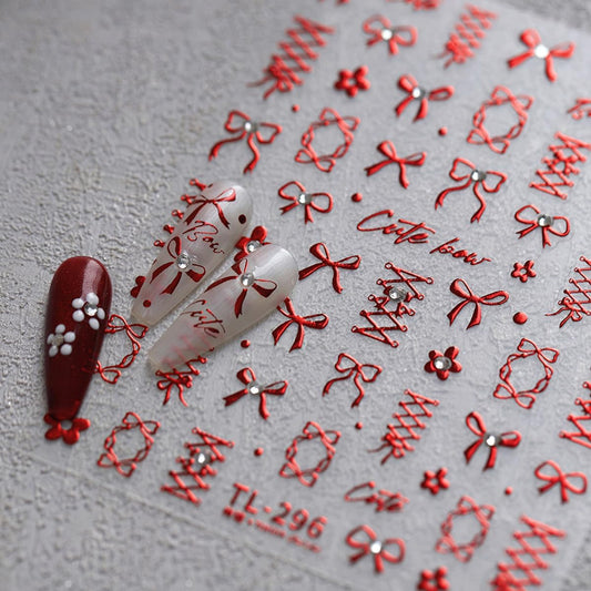 5D Embossed Red Bows Nail Stickers, Nail Art Sticker with Crystal Rhinestones Self-Adhesive Nail Decals for Women Nail Supplies Art Design Stickers (1, Red)