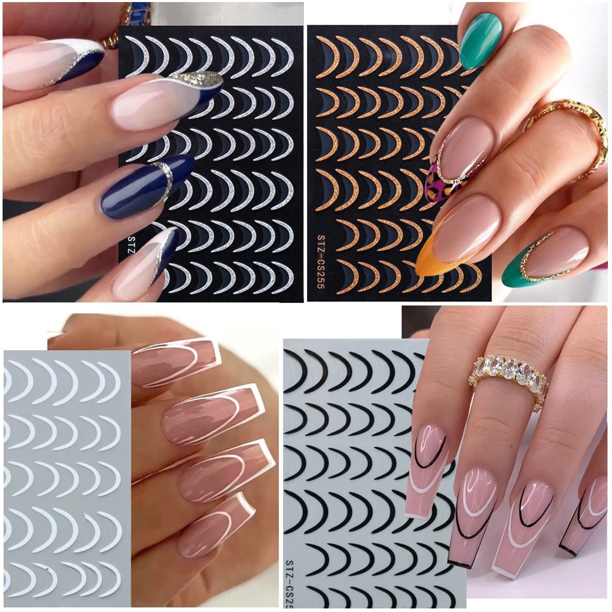 8Sheets French Line Nail Stickers, 3D Sticker for Nail Art Gold Silver White Lines Adhesive Tapes Stripes Swirl with Diamond Nail Design Curved Gel Nail Art Sliders Polish Manicure Tip Nail Decoration
