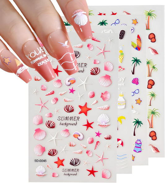 4Sheets Embossed Nail Stickers - Summer Starfish Nail Decals, Ocean Design for Acrylic Nails, Beach Shell Supplies for Women & Girls