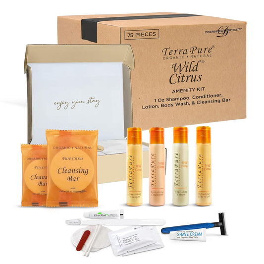Terra Pure Amenity & Accessory Kit |1 oz Travel Size Shampoo, Conditioner, Lotion, Body Wash, 2 Cleansing Bars, Shave & Dental Sets, Make-Up Remover Wipes, & Vanity Kit | 15 sets per case
