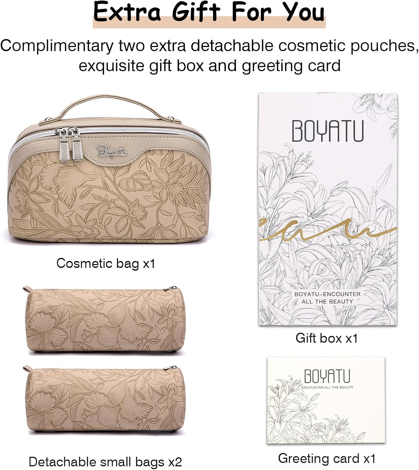 BOYATU Travel Makeup Bags Cosmetic Organizer Bag: 3-Set Large Capacity Make up Bag - PU Leather Toiletry Bags for Women - Wide Open Portable Pouch with Divider & Handle (02-Light Brown)