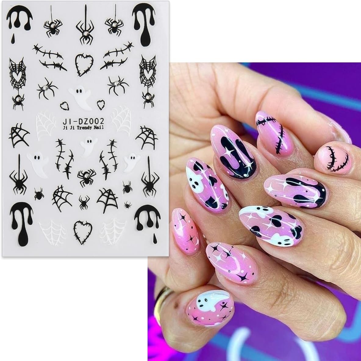 Gothic Nail Decals - 6 Sheets 3D Self-Adhesive Pumpkin Spider Web Wound Nail Stickers DIY Manicure Decoration