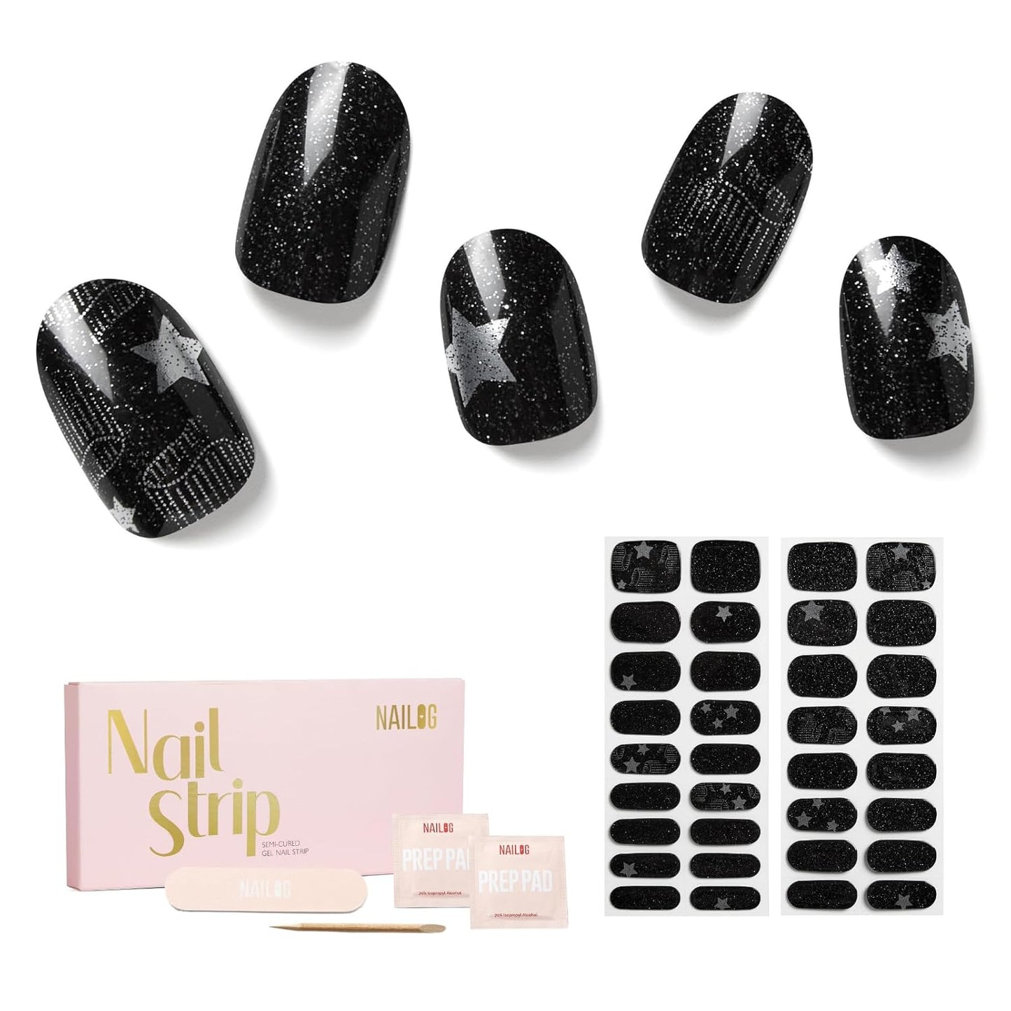 Semi Cured Gel Nail Strips - NAILOG 34 Pcs Gel Nail Stickers Buy 2 Get 1 UV Light | Long Lasting Nail Wraps with Glossy Gel Finish Black, Stardust