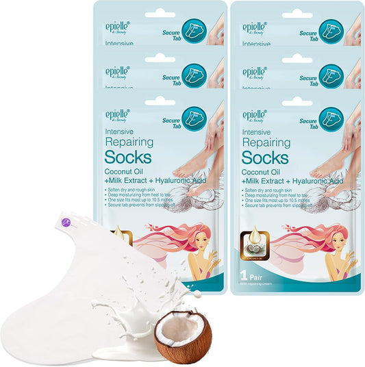 Epielle Intensive Repairing Foot Masks 6 Pairs, Deep Moisturizing Socks for Dry Feet & Cracked Heels, Repair with Coconut Oil & Milk Extract, Korean Skin Care, Spa Set, Self Care Gifts for Women