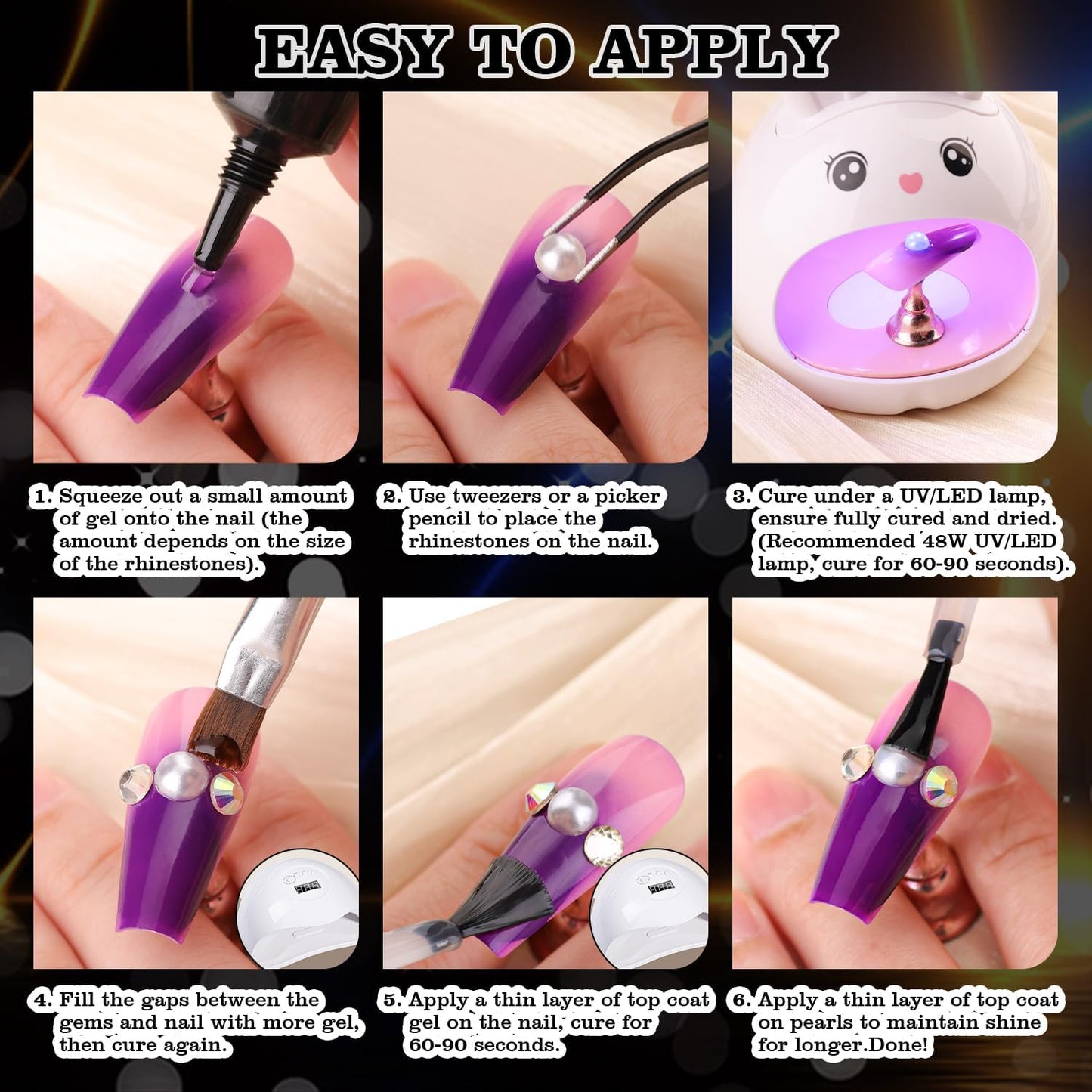 Rhinestone & Pearl Manicure Kit - Nail Rhinestone Glue Gel, Flatback Glass Crystal AB + Clear Gems, Beige Half Round Pearls, Gem Glue for Nails (UV/LED Needed) with Dotting Tools