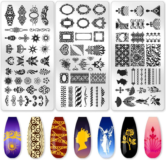 3Pcs Vintage Baroque Nail Stamping Plate Set Angel Devil Nail Stamp Templates French Line Tip Nail Stamp Plates Floral Border Metal Reusable Tools with Stamper Scraper for Manicure Printing
