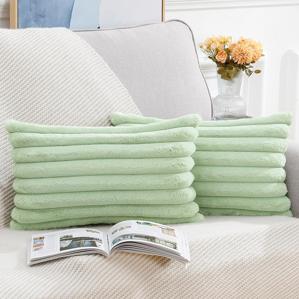 MADIZZ Set of 2 Faux Wool Plush Decorative Throw Pillow Covers 12x20 Inch Light Green Fluffy Striped Soft Decorative Cushion Cover for Sofa Bedroom Pillow Shell