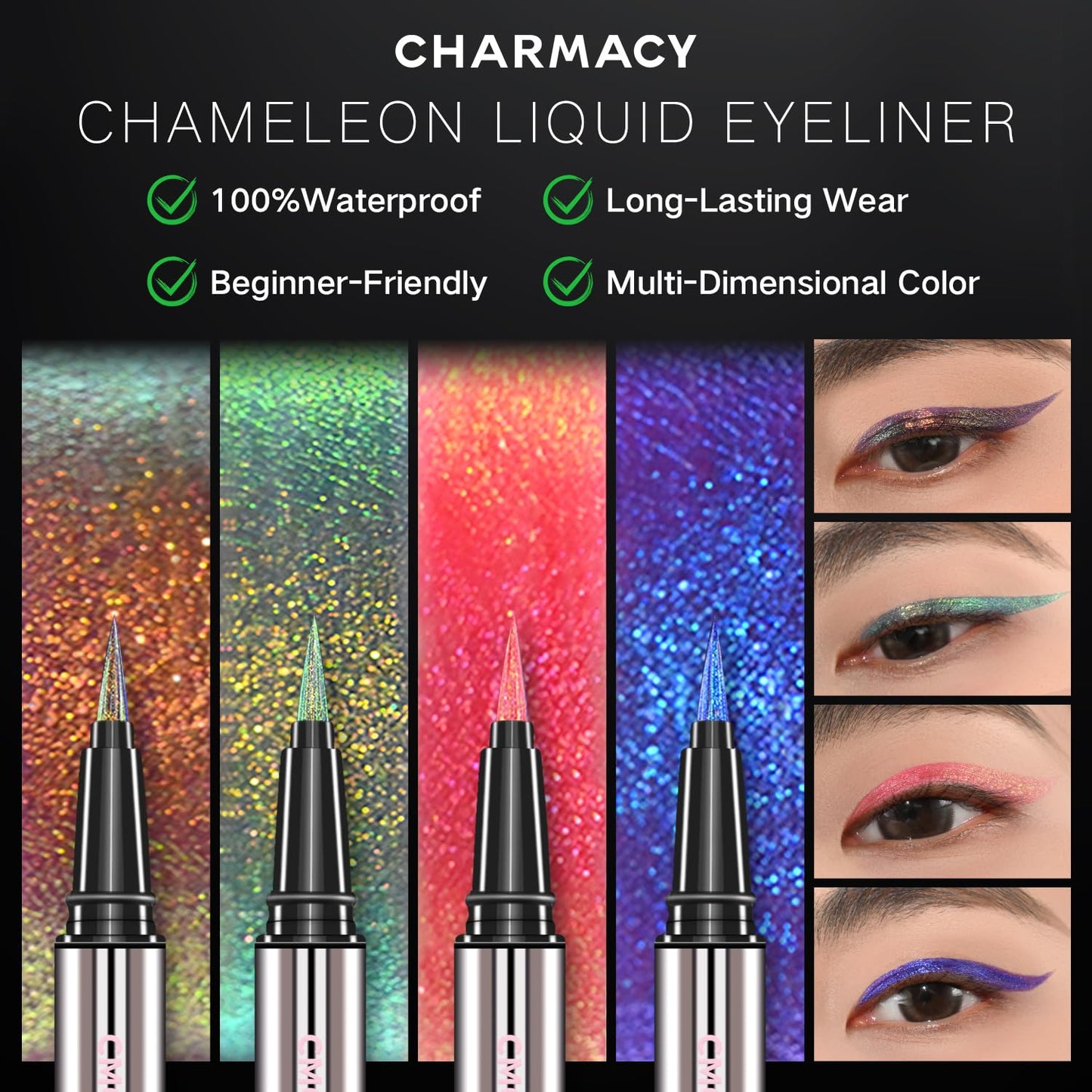 CHARMACY New Chameleon Liquid Eyeliner, Liquid Glitter Eyeliner, Highly Pigmented, Metallic MultiColor Shifting waterproof Eyeliner, Ultra-Fine Tip, Longwearing, Smudge-proof (A04 Ocean Glint)