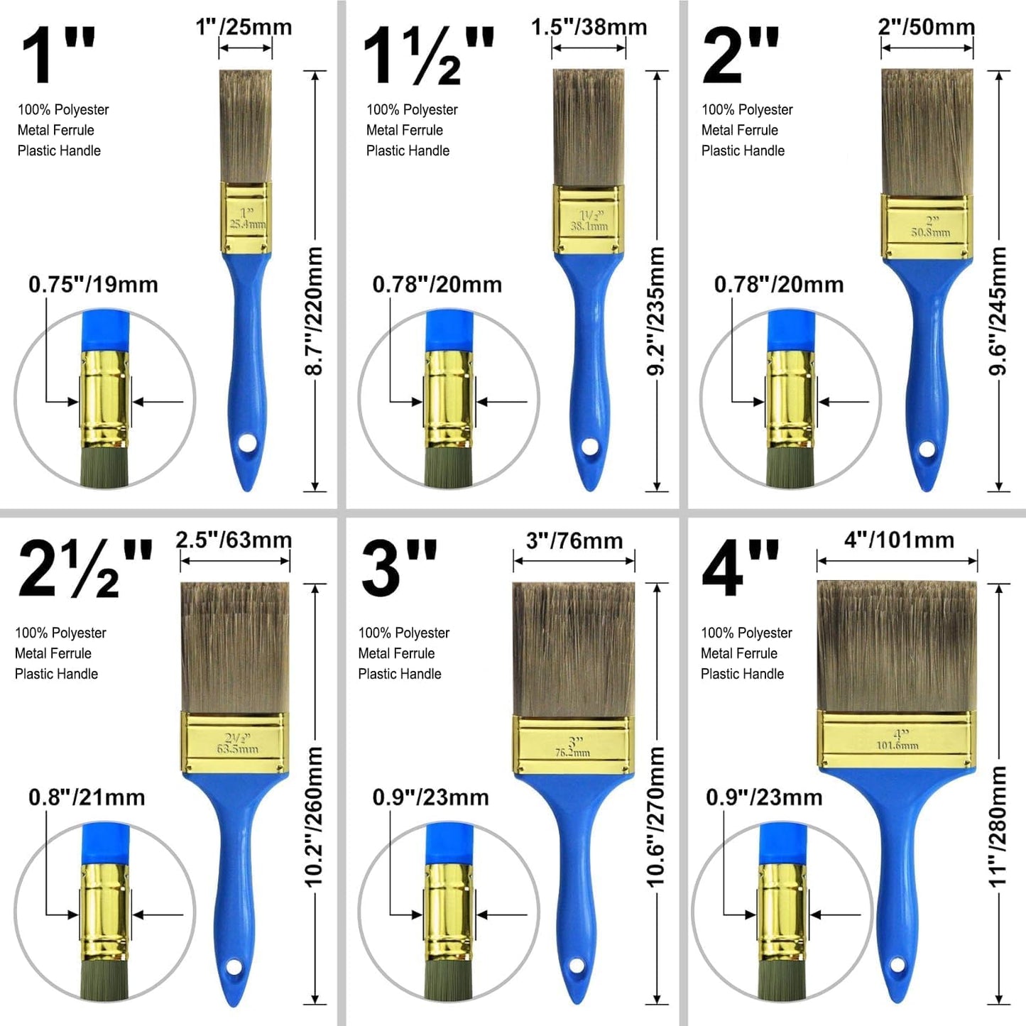 10 Pack Professional Paint Brushes (4" 3" 2" 2.5" 1.5" 1" Flat & Angle) Painters Paint Brush Set, Paint Brushes for Walls, Painting Brushes Bulk, House Painting Tool Set Kit
