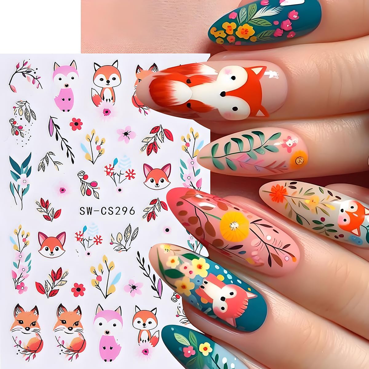Fall Nail Art Stickers, Cute Fox Nail Art Decals 3D Self-Adhesive Cotton Fox Nails Stickers Autumn Blossom Flowers Nail Design 6Pcs Nail Art Supplies for Women Nail Decoration