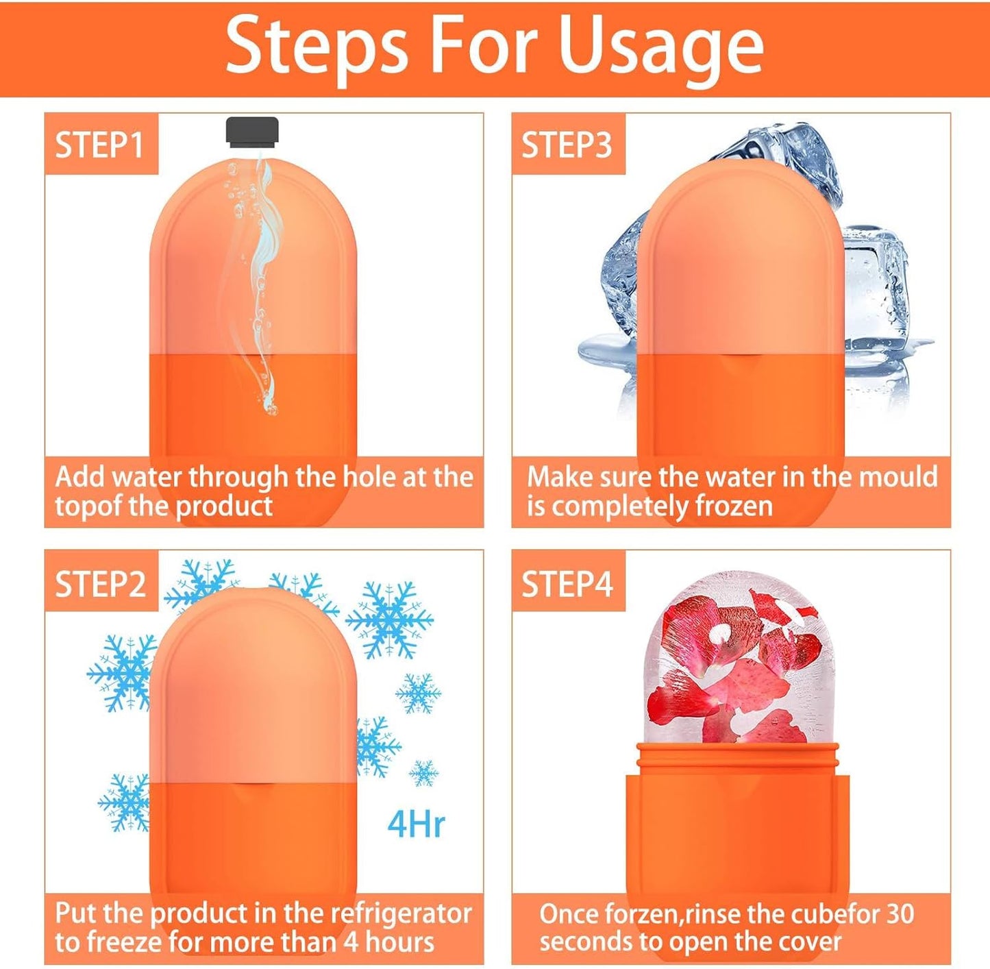 KOGITI Face Ice Roller & Mold - Beauty Facial Massage Tool for Puffiness Relief, Ice Cube Holder (New-Orange)