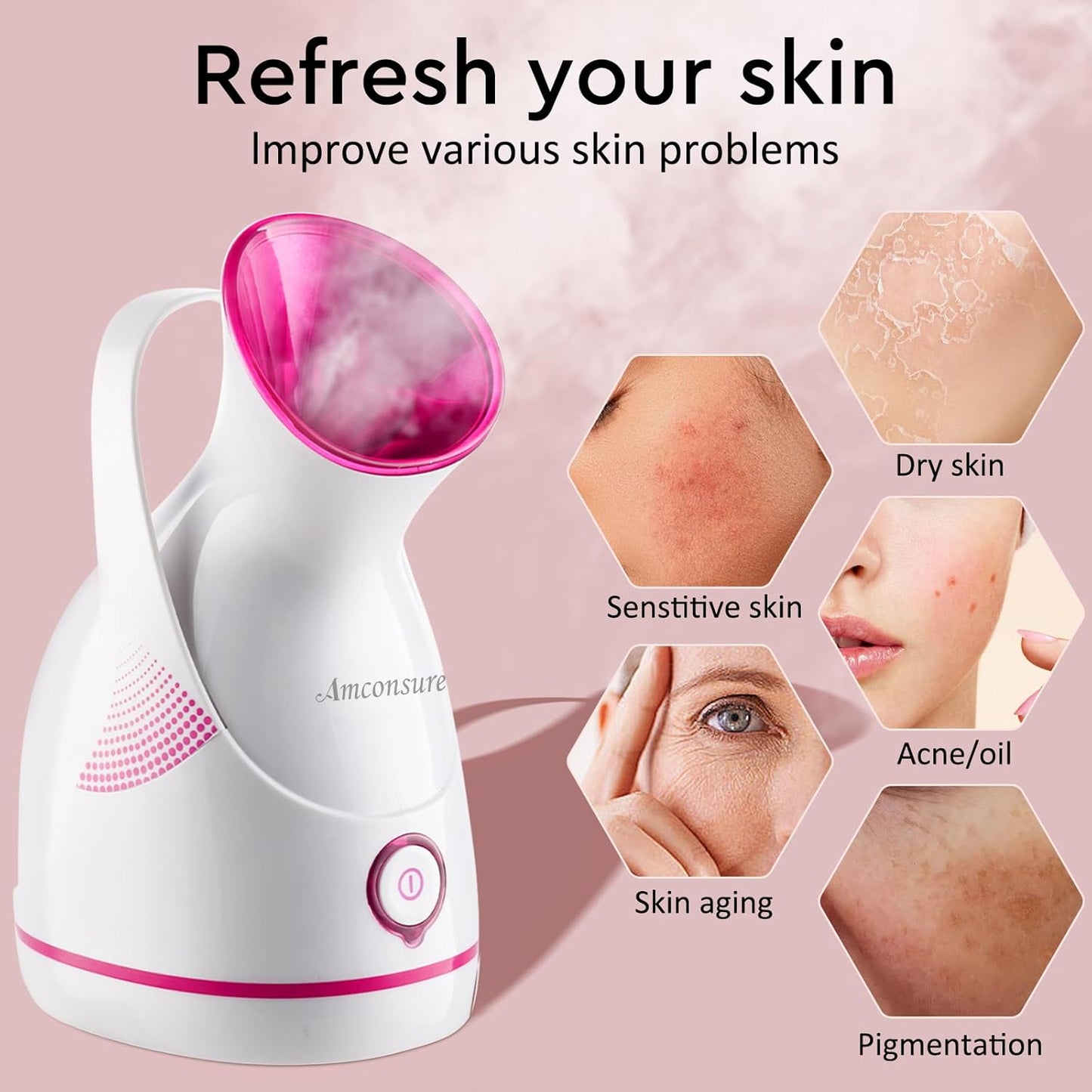 Amconsure Facial Steamer - Nano Ionic Face Steamer Warm Mist Steamer for Home Sauna SPA, Humidifier for Face Steamer for Deep Cleaning Unclogs Pores Sinuses - Bonus 5 Piece Stainless Steel Skin Kit