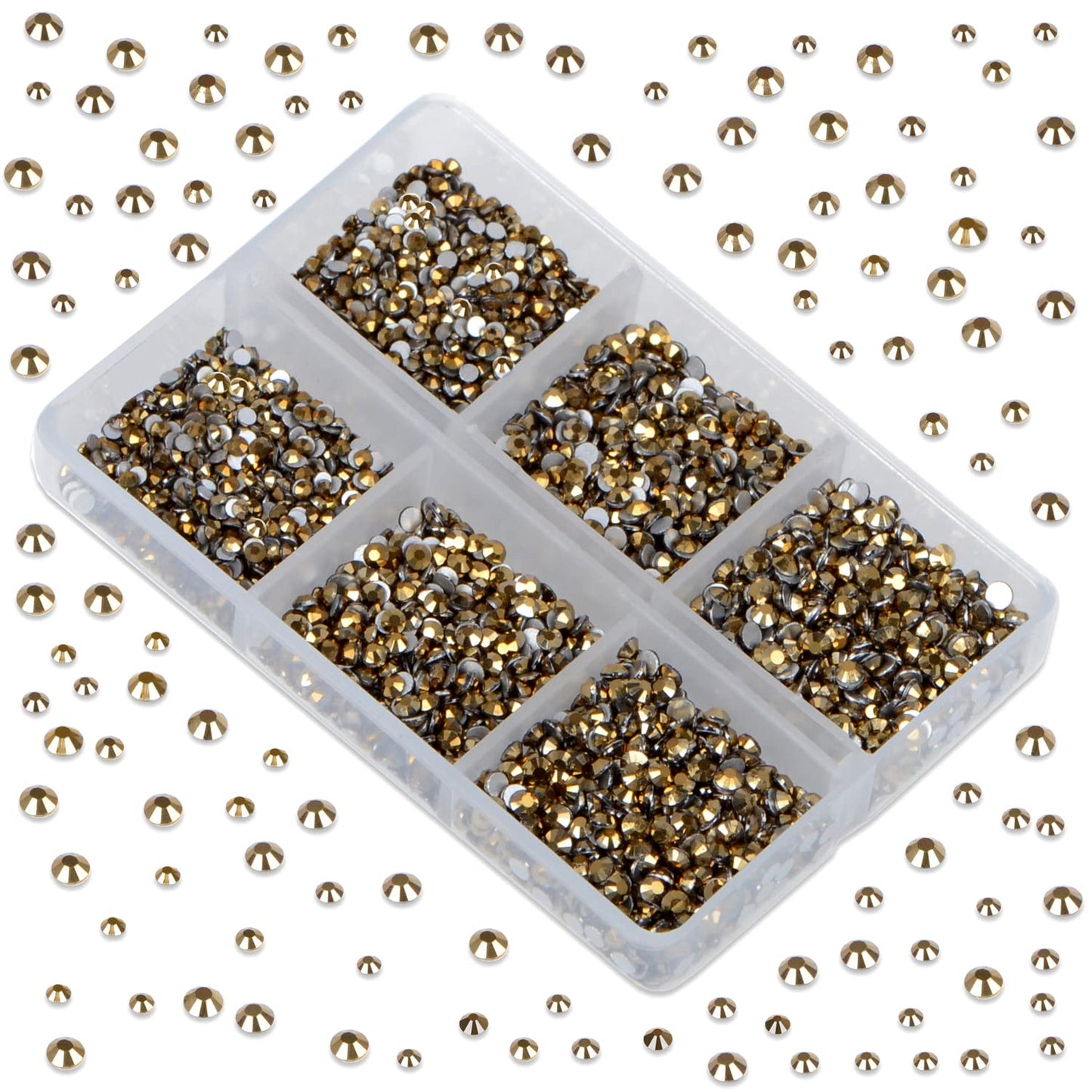 LPBeads 6000 Pieces Metallic Gold Non Hotfix Rhinestones 6 Sizes Round Crystal Glass Flat Back Rhinestones with Tweezers and Picking Pen for Nail Art Crafts Bags DIY