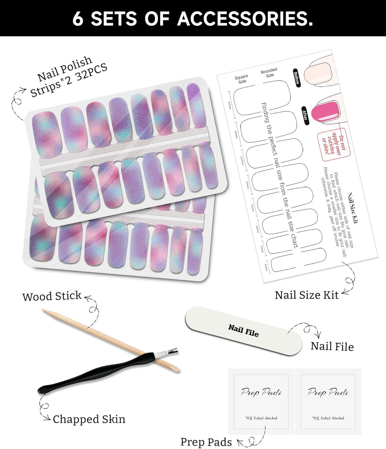 Glitter Nail Polish Strips, 32 Pcs Salon Quality Gel Nail Stickers, Long Lasting Wraps Easy to Use & Remove (Violet Haze)