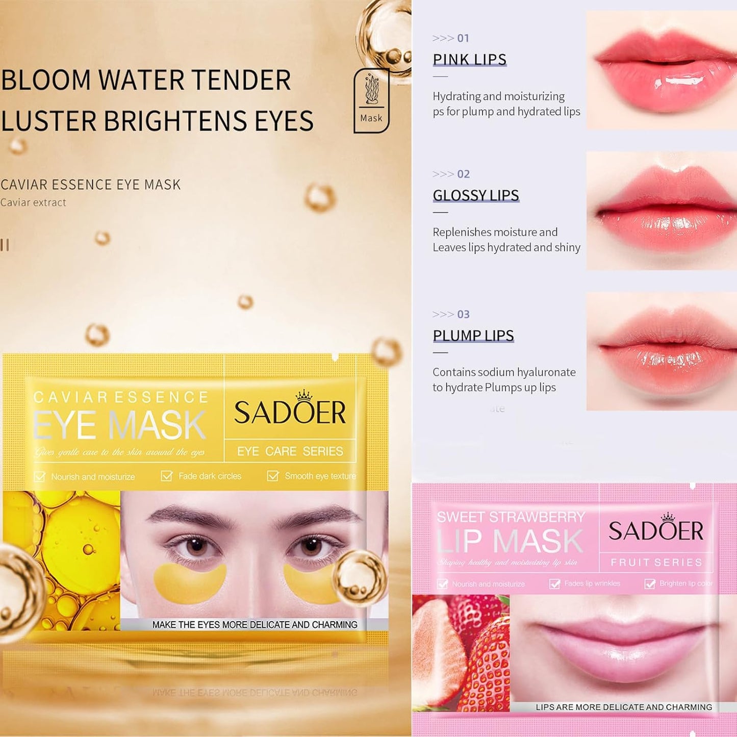 MEICOLY 30 Pads Lip and Eye Mask Sheet,Moisturizing Gold Caviar Under Eye Mask Strawberry Lip Mask,Crystal Anti-Aging Eye Patches Dark Circle Remover with Box,Eye and Lip Mask Set