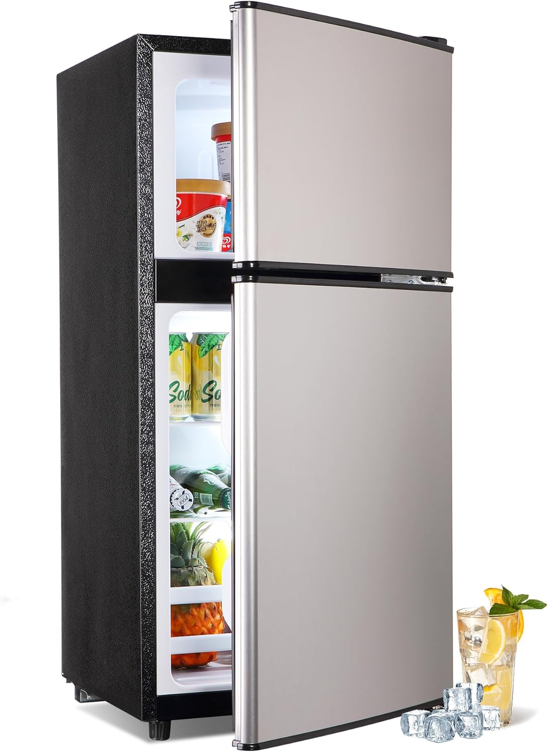 Mini Fridge with Freezer, 3.2 Cu. Ft. Small Fridges with Freezer, Refrigerators Adjustable Thermostat, Apartment Size Refrigerator with Freezers for Office, Apartment, Dorm, Kitchen, Silver
