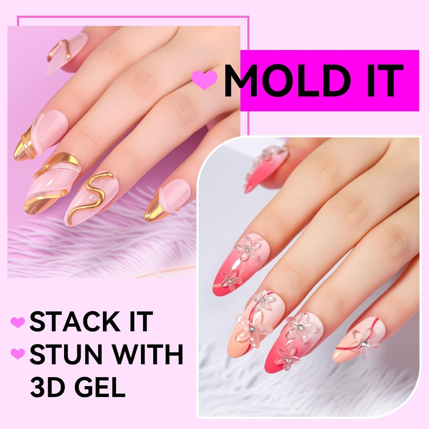 Makartt 3D Gel Nail Art: 4 in 1 Solid Gel Builder Kit for 15ML Nail Extension Gels, 4pcs Silicone Molds, 1 Sculpting Brush, UV Glue for Acrylic Nails Rhinestones Gels Molding Manicure Hard Gel Kit