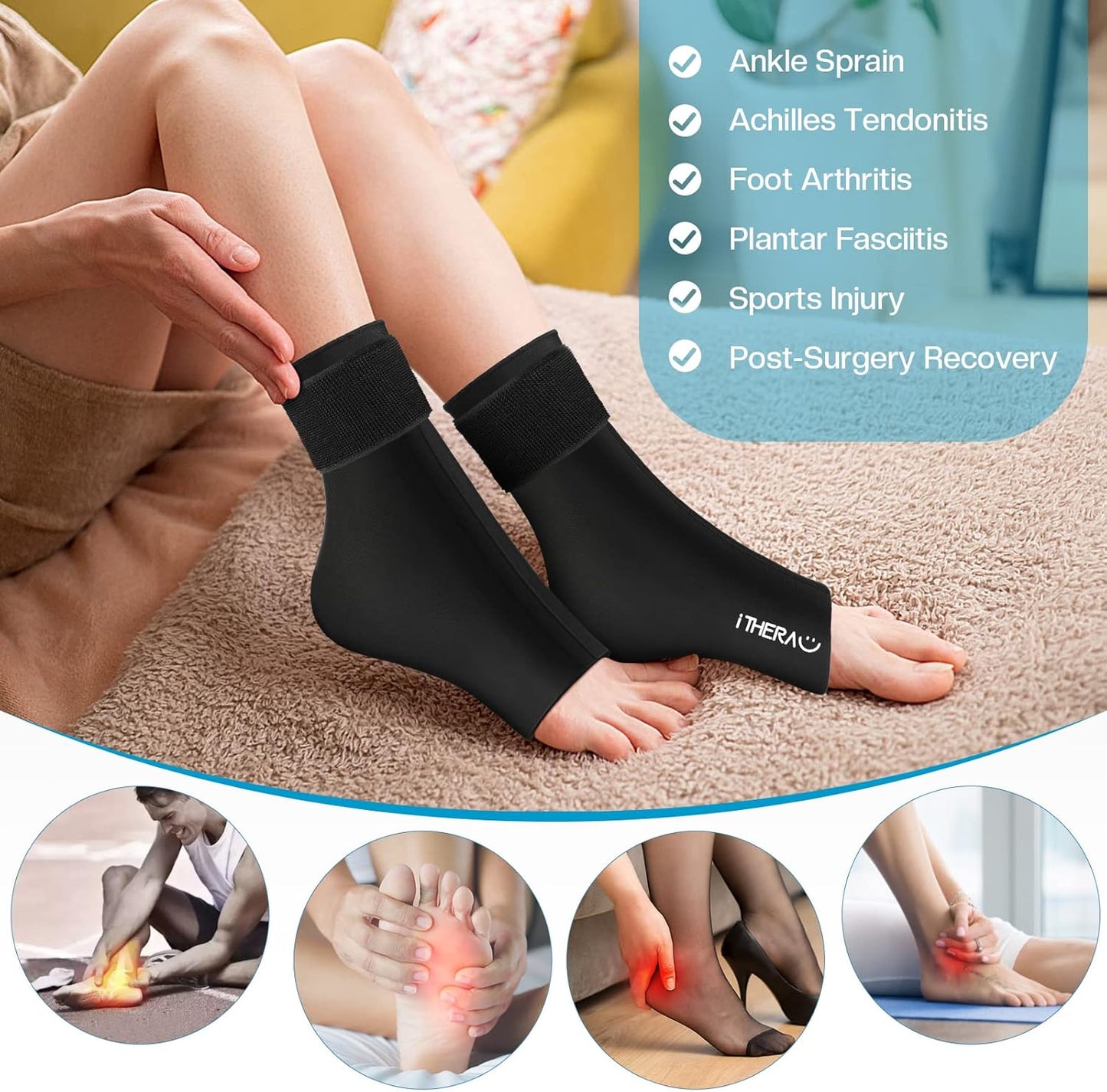 iTHERAU Ankle Ice Pack Wrap, Reusable Gel Hot & Cold Therapy for Foot & Heel Injuries | Achilles Tendonitis, Plantar Fasciitis, Swelling, Sprained, Pain Relief