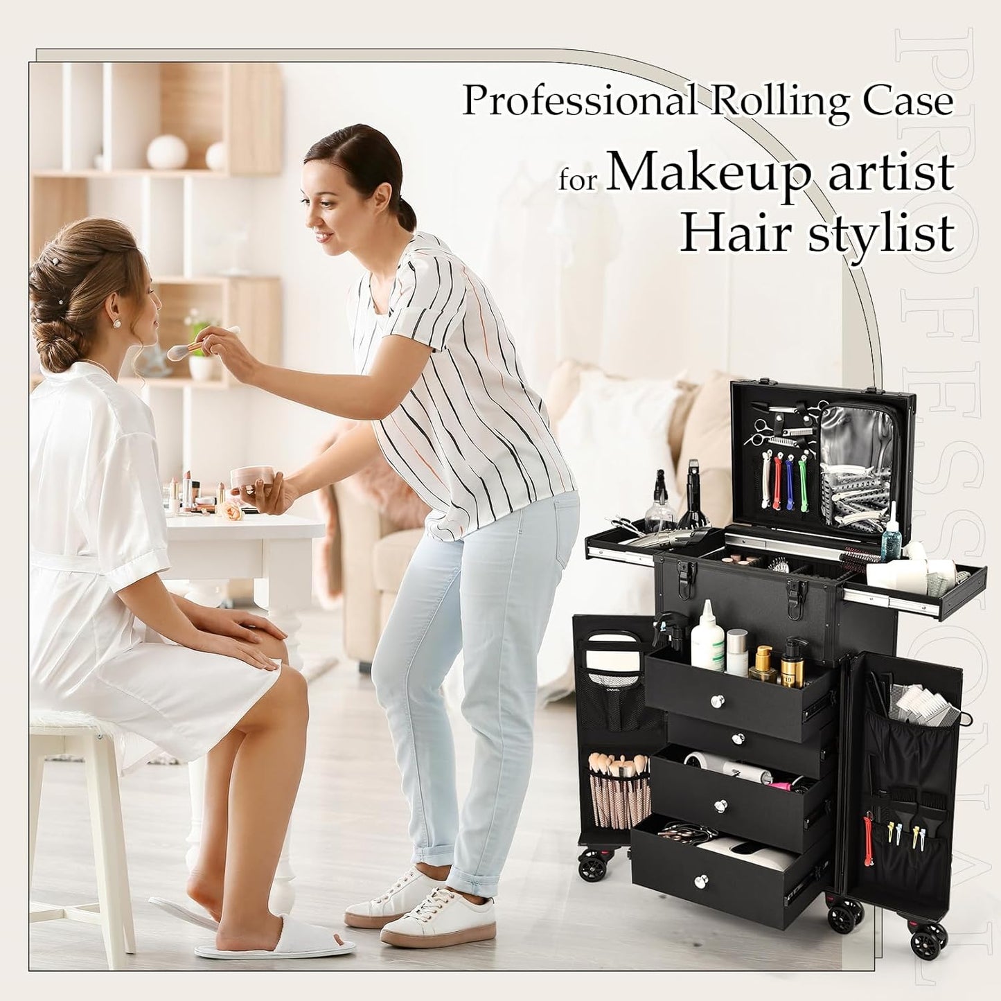 Joligrace Professional Rolling Makeup Case 4 Drawers Pro Makeup Artist Cosmetic Train Case Hairstylist Travel Case Portable Make Up Station with Multiple Compartments Extra Large - Black