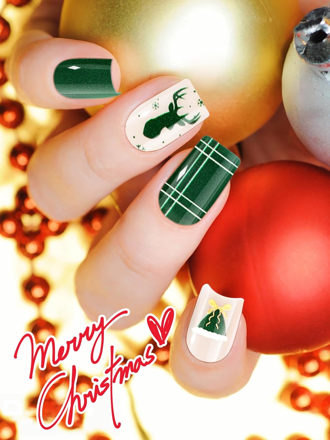 EBANKU 24PCS Christmas Semi-Cured Gel Nail Strips, Deer Horn Self-Adhesive Gel Nail Art Sticker, Waterproof Gel Nail Wrap Stickers with Nail File and Stick