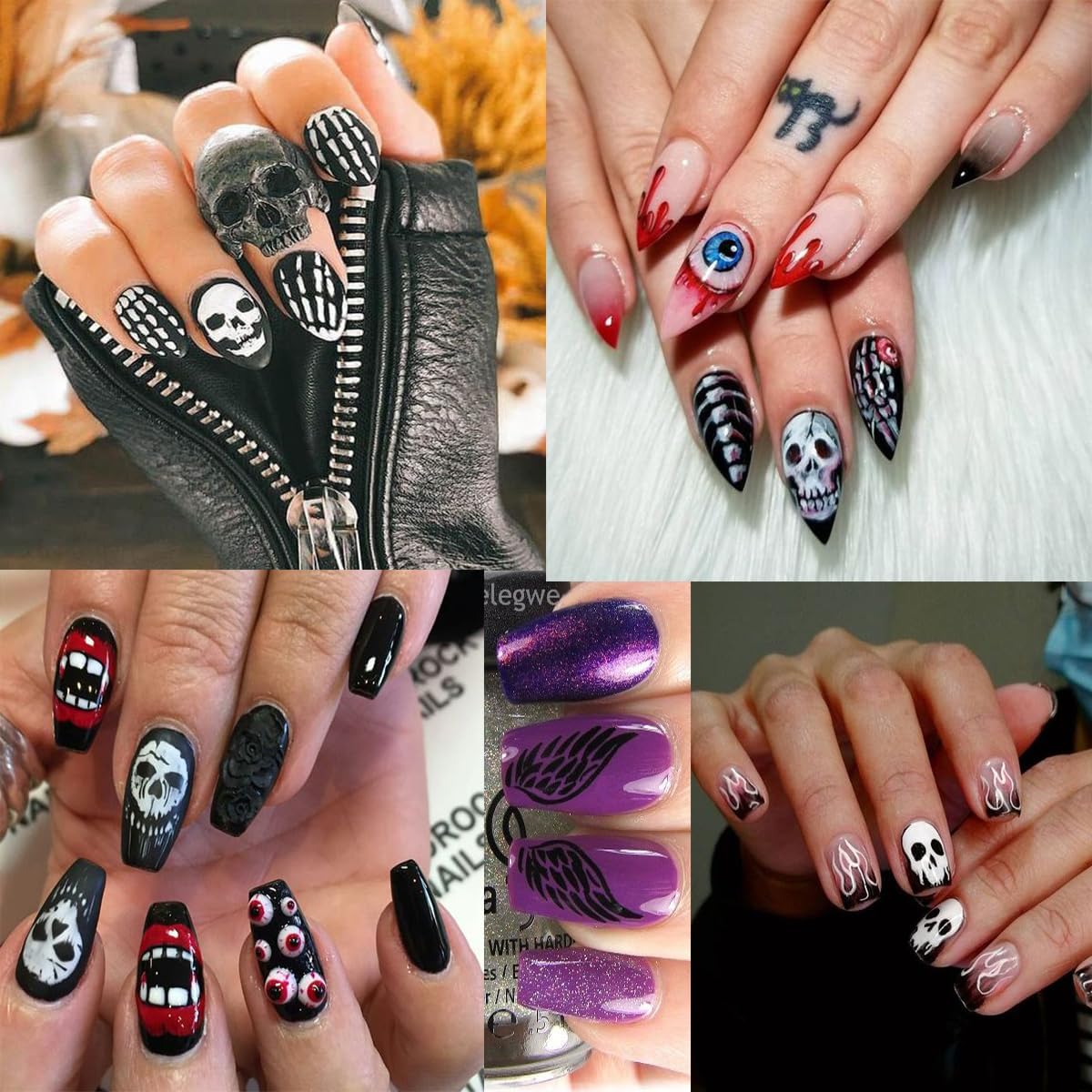 5D Halloween Nail Art Sticker - Embossed Horror Ghost & Skull Decals with Flame, Spider Web, Bat, Evil Eye & Skeleton Designs - Self-Adhesive for Women - 8 Sheets