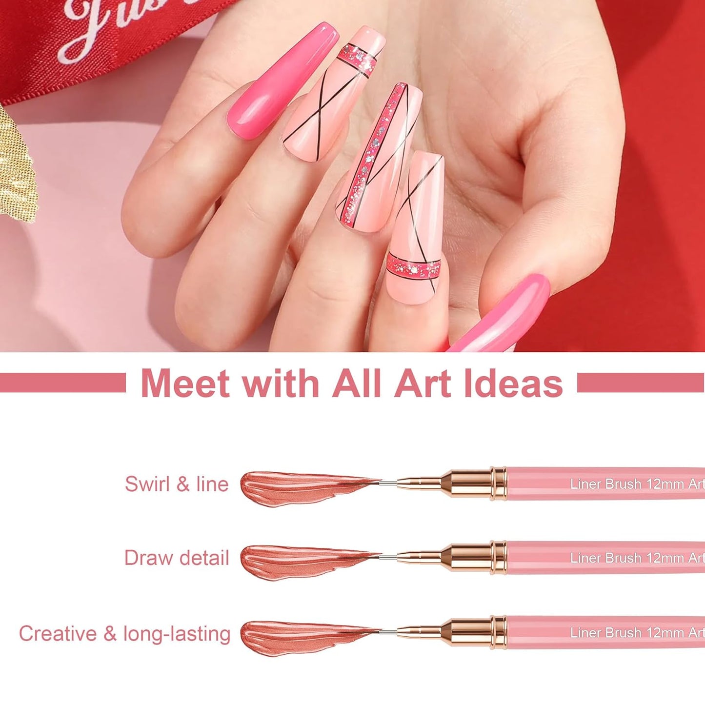 Artdone Metallic Nail Art Pens, Liner Brushes Set, 5PCS Pink Color Nail Tools For Long Lines, Thin Details, Fine Drawing, Liner Brush UV Gel Polish Painting Nail Design Sizes 5/8/12/20/25mm