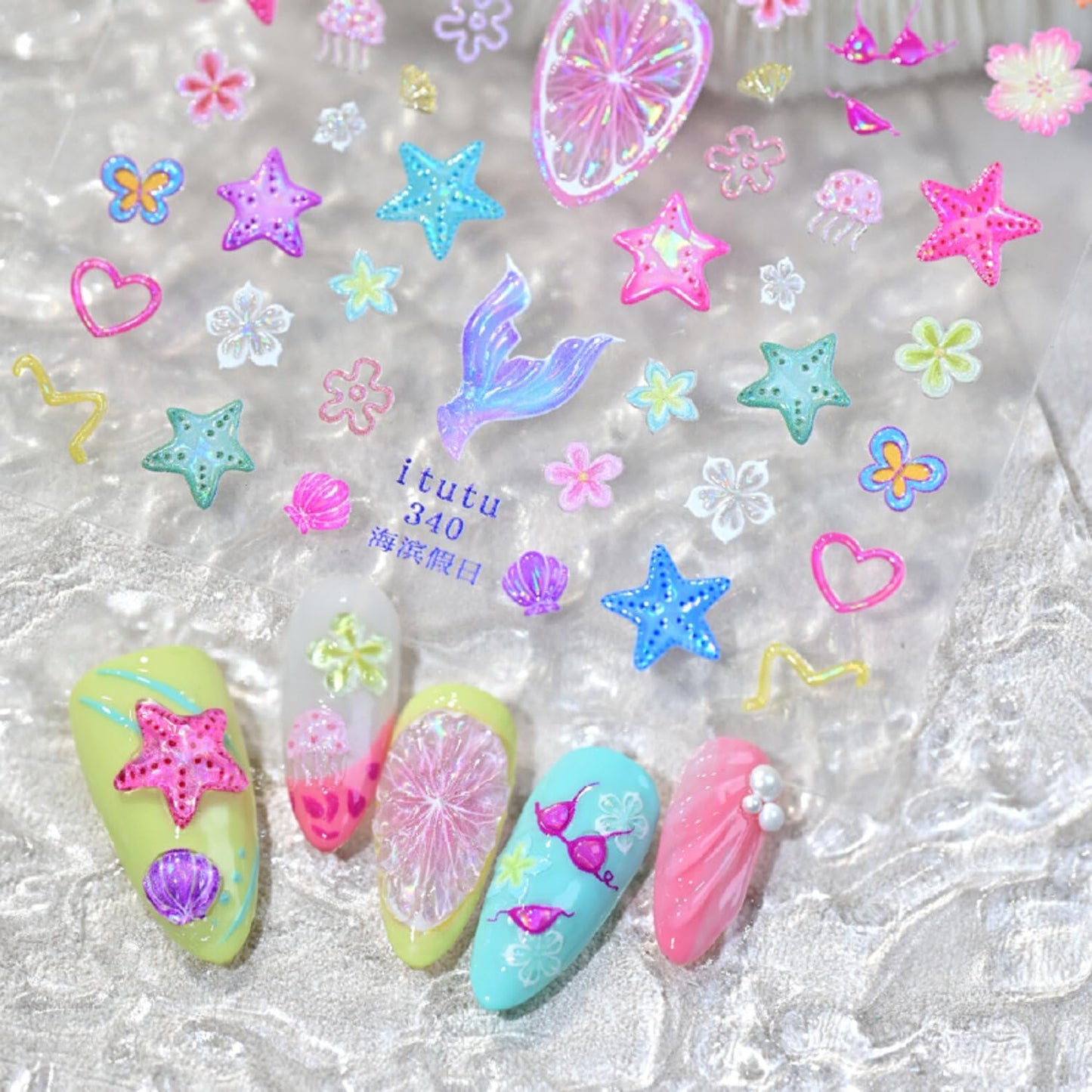 5D Embossed Ocean Life Nail Art Stickers Decals Self Adhesive Seashell Starfish Nail Decals Sea Colorful Designs Summer Nail Stickers Mermaid Manicure Sliders for Women DIY Nail Art Decorations