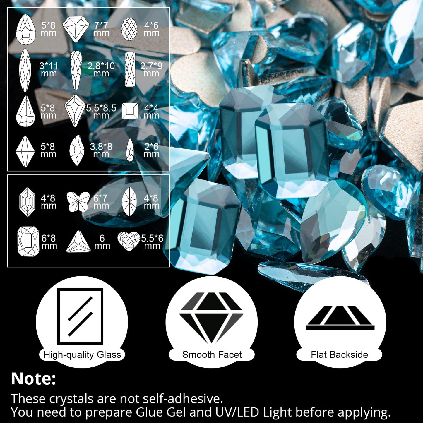 18 Styles Multi-Shaped Glass Gemstones for Nails and 6 Sizes Round Crystal Rhinestones Kit #8, Lake Blue Nail Art Charm Bead Manicure Decoration with Pickup Pencil and Tweezer