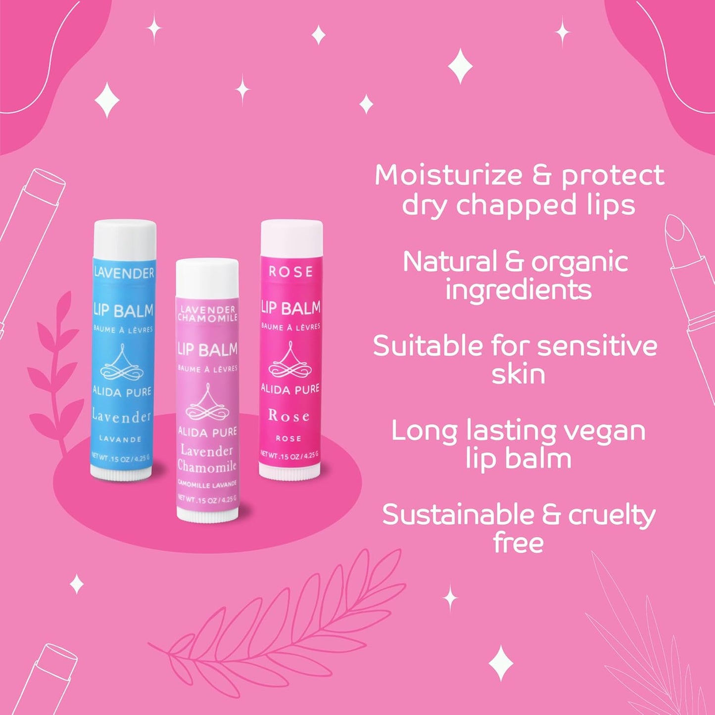 Floral Lip Balm Collection, Vegan Set, Beeswax Free, with Organic Jojoba and Avocado Oil, Vitamin E, Natural Moisturizer for Dry, Chapped or Cracked Lips, 3 Tube Set