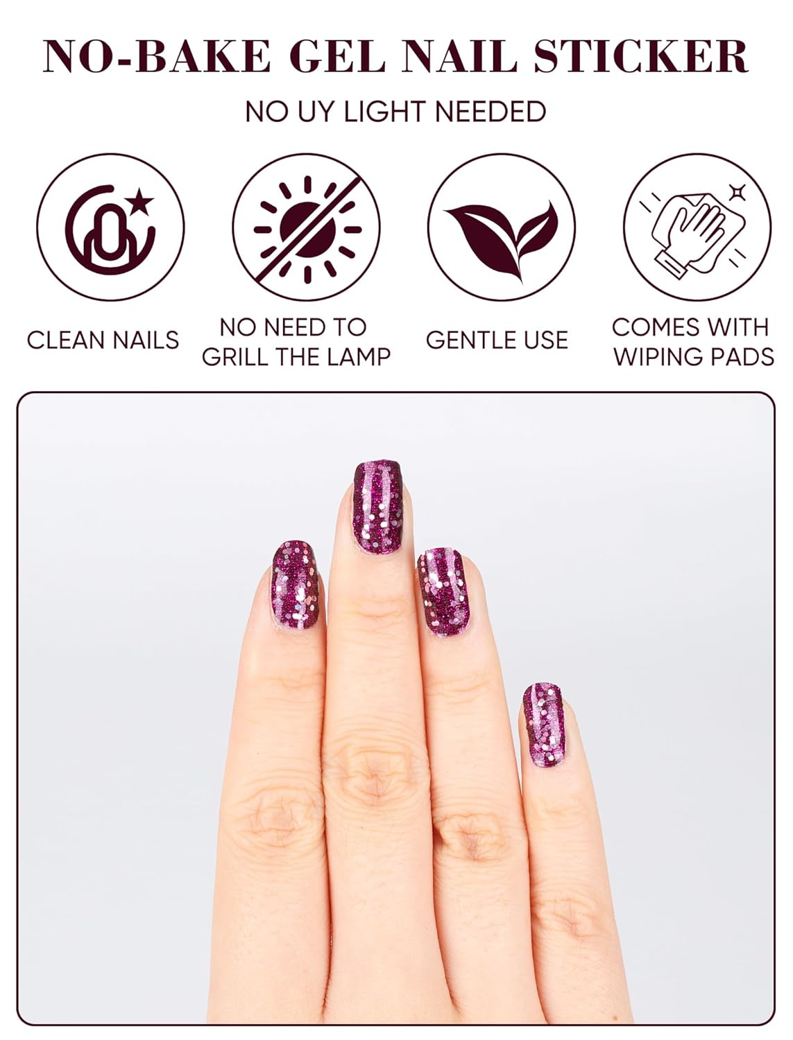 48 Pcs Semi Cured Gel Nail Polish Strips for Women, Self-Adhesive No UV Light Needed Glitter Nail Design Stickers for Nail Art Wraps (Purple)(Purple)