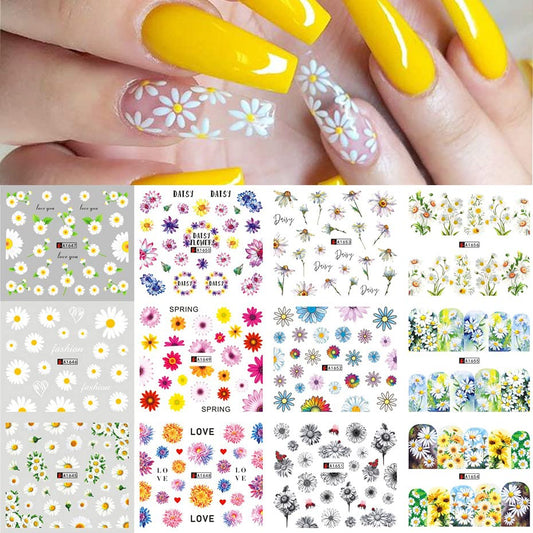 Daisy Nail Art Stickers Decals, 12 Sheets Flower Designs Water Transfer Nails Foils Spring Summer Daisy Nail Art Supplies Watermark Slider Nail Stickers Manicure DIY Decorations for Women