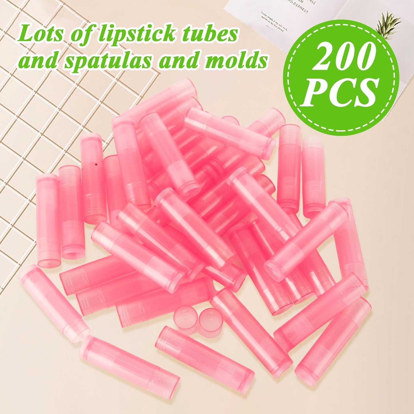 200PCS Plastic Lip Balm Tubes, Chapstick Tubes Empty, Lip Balm Containers with Filling Tray and Spatula, Rotating Type Refill Lip with Cap for DIY(5ml/5g, Pink)
