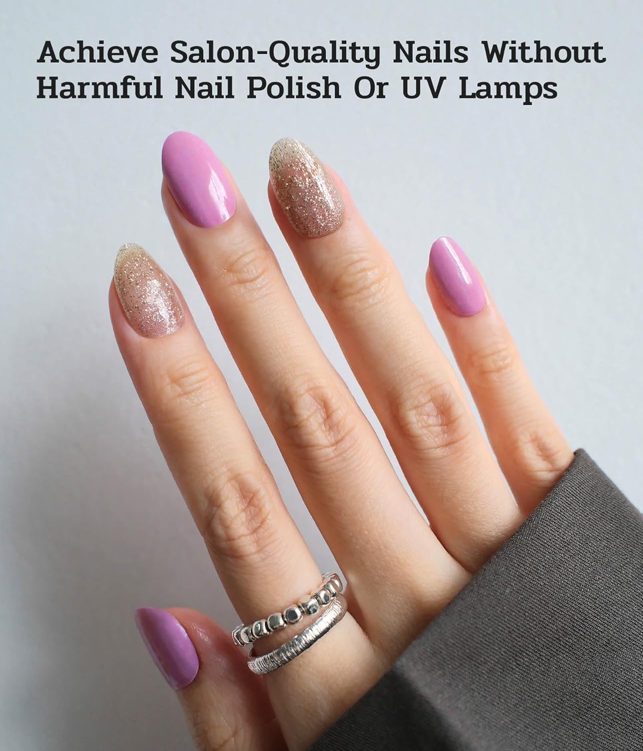 Nail Polish Strips - 22 Pcs Salon Quality Gel Nail Stickers - Long Lasting Wraps (Berry Gold Glitter)