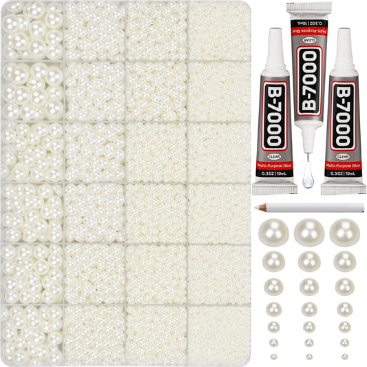 16000Pcs Flatback Pearls for Crafting, Ivory Flat Back Assorted Sizes 2/3/4/5/6/8/10mm Half Pearl Beads Bedazzling for Crafts Clothing Tumbler Shoes Wedding Gown Nails with B7000 Jewelry Making Glue