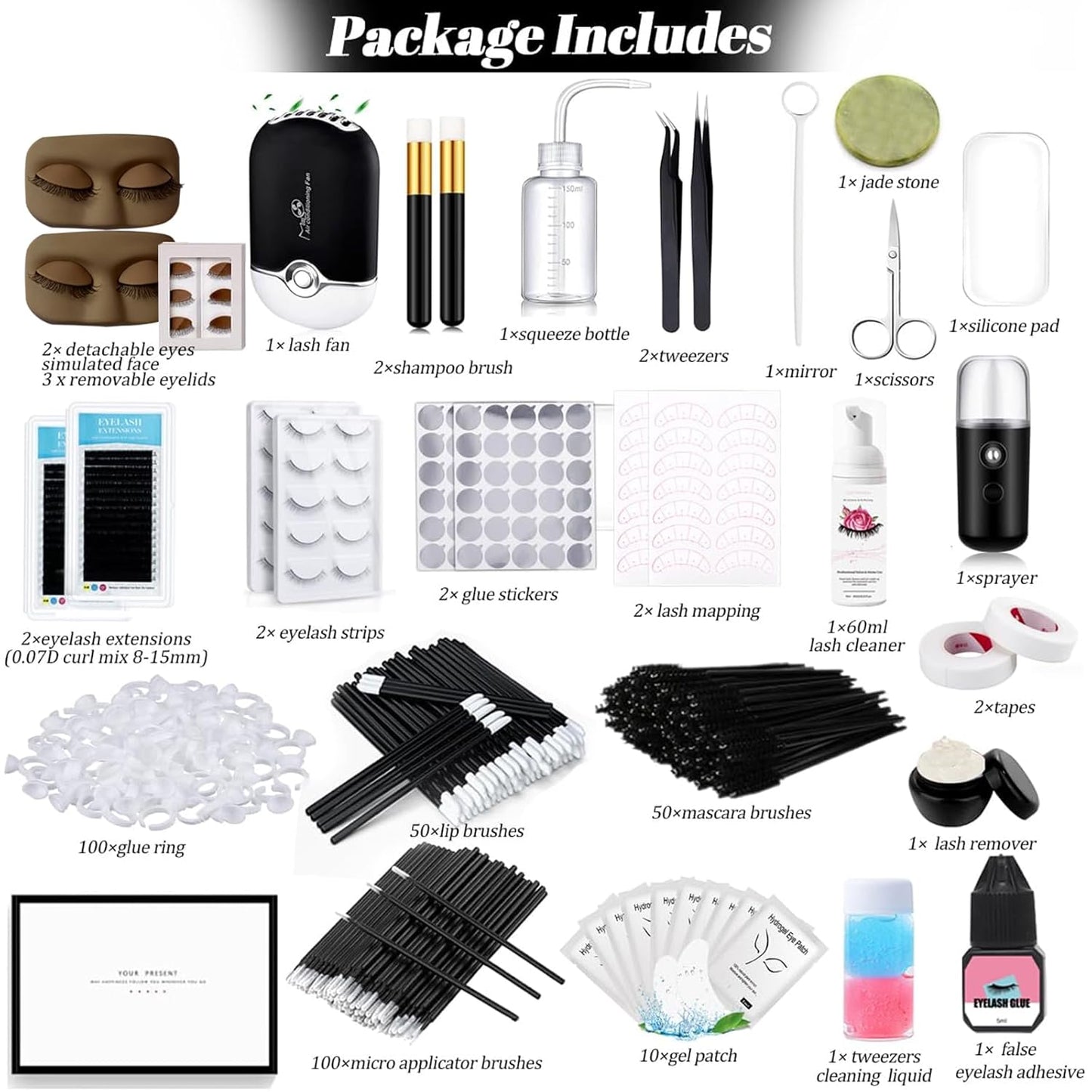 Lash Extension Kit for Beginners Lash Mannequin Head with Replaced Eyelids False Eyelashes Practice Eyelash Strips Facial Mister Tweezers Glue USB Fan Professional Set