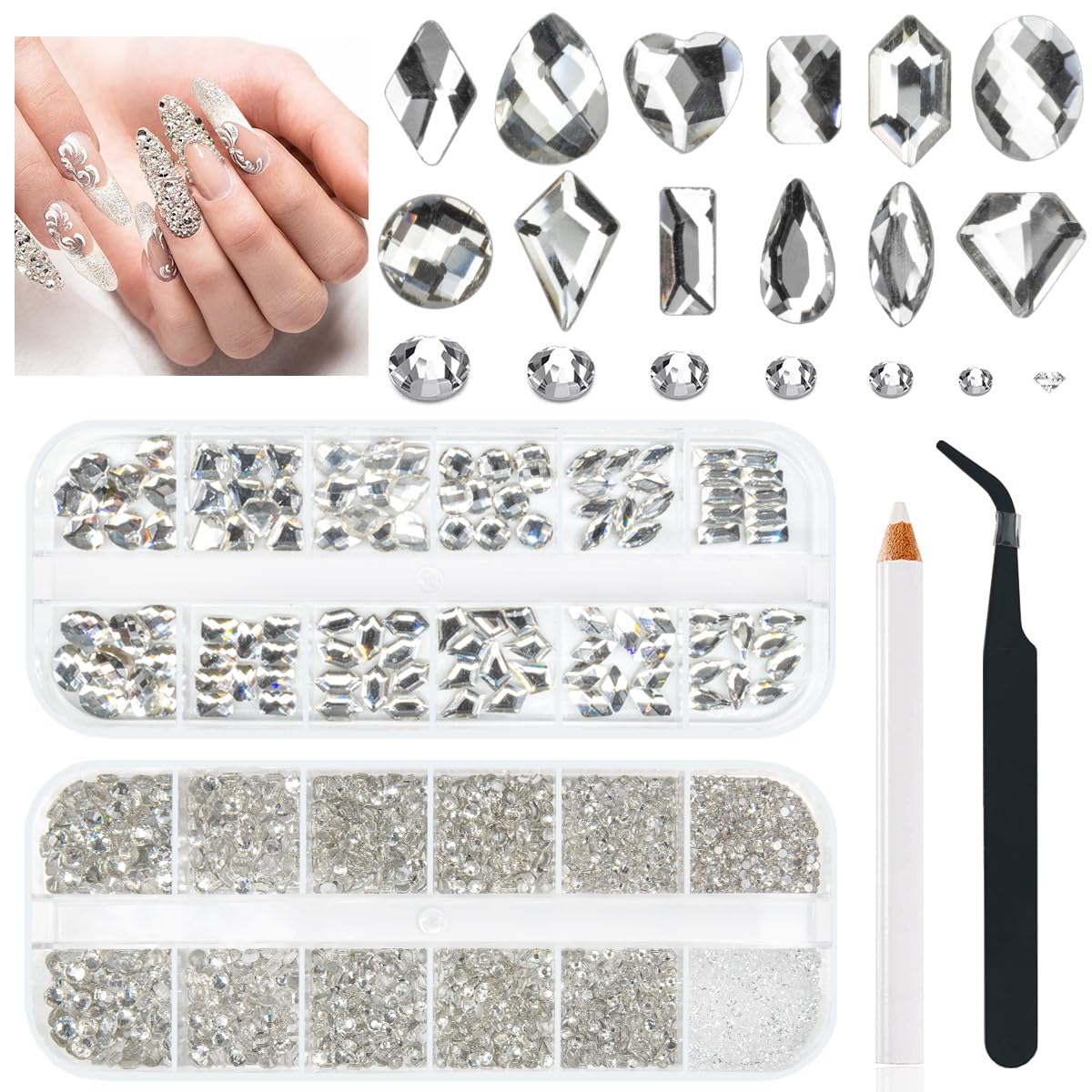 4080Pcs Silver Clear Nail Rhinestones Crystal White Stones More Quantity 1.5-4mm Flatback Round Beads K9 Glass Gems Nail Art Diamonds Jewels Charms for Nails Face Eyes Makeup Shoes DIY Crafts