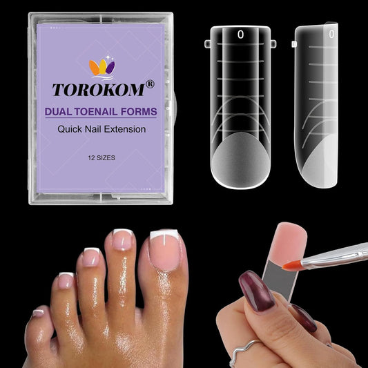 TOROKOM Poly Gel Nail Forms for Toes, Long Square Dual Forms, Toe Pedi Nail Extension Reusable Toe Nail Tips Mold, 120Pcs, 12 Sizes