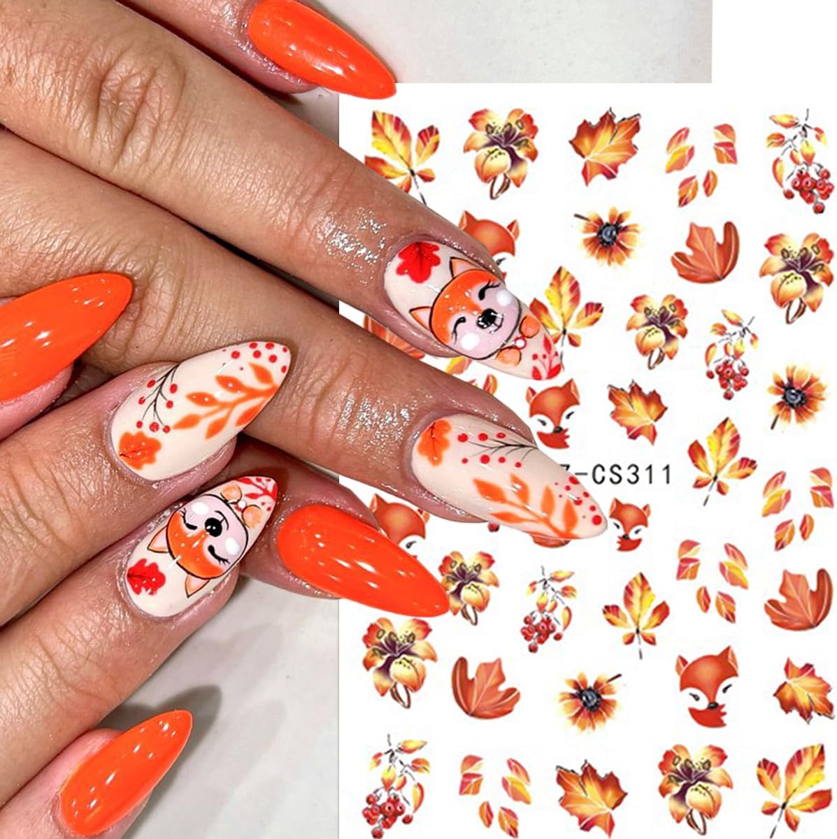 8Sheets Thanksgiving Nail Stickers Autumn Nail Art Stickers Maple Leaves Nail Decals Red Orange Leaf Fox Pumpkin Nut Flower Design 3D Self Adhesive Stickers for Nail Women Decor Manicure Supplies