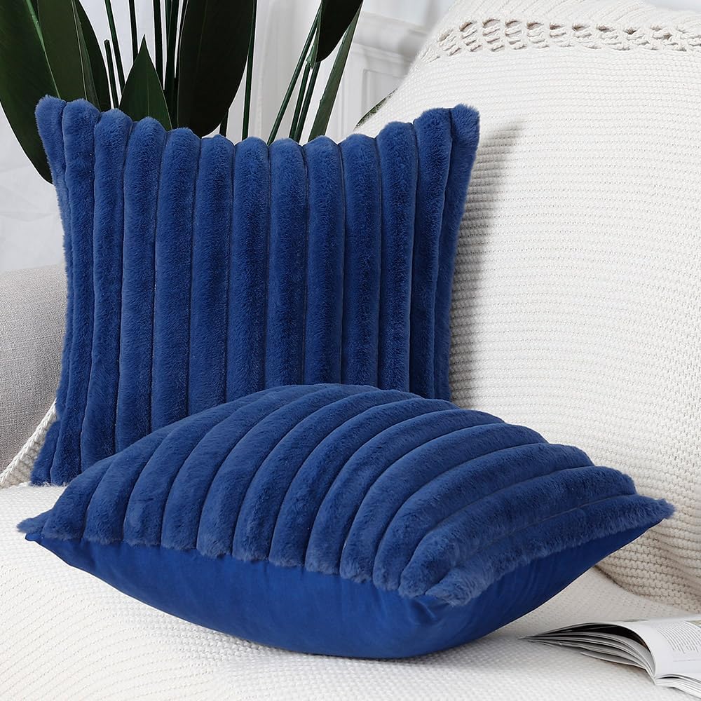 MADIZZ Set of 2 Faux Wool Plush Decorative Throw Pillow Covers 18x18 Inch Blue Fluffy Striped Soft Decorative Cushion Cover for Sofa Bedroom Pillow Shell